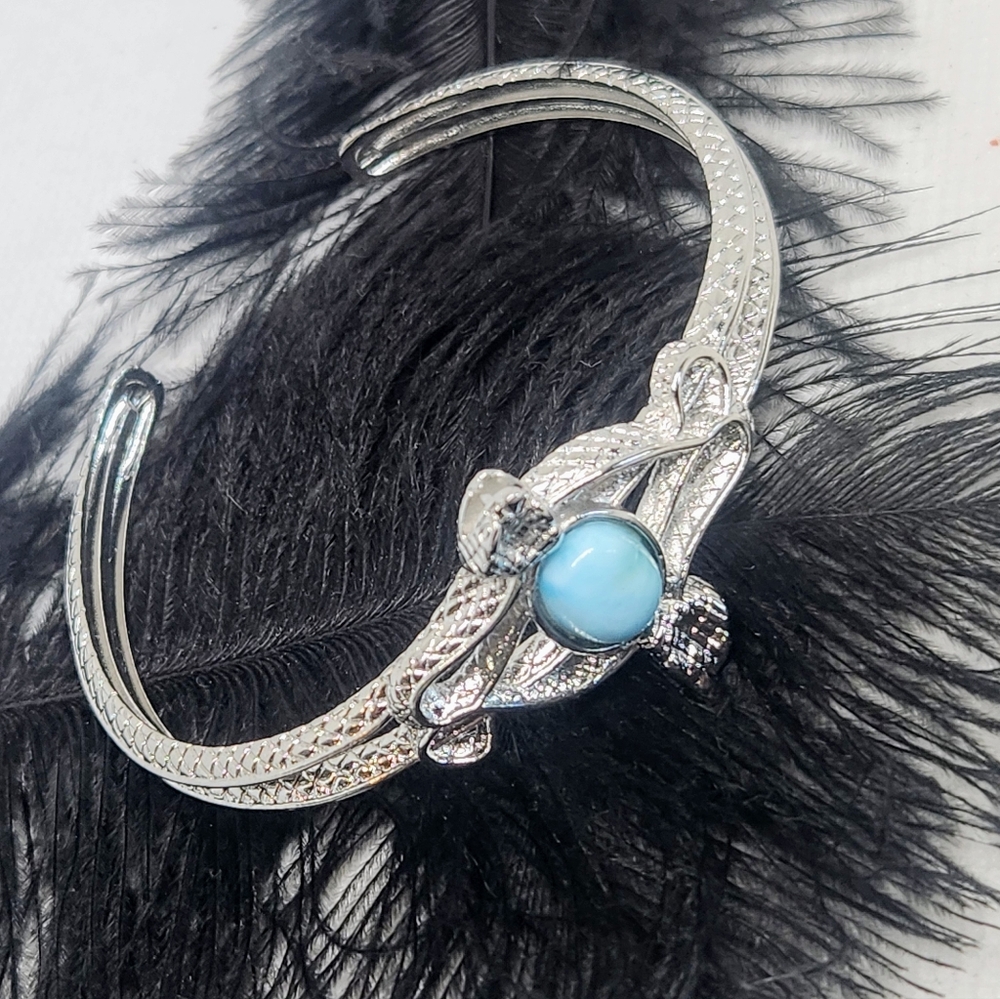 Genuine Larimar Snake Bangle. Adjustable Silver Bracelet. - Picture 2 of 8